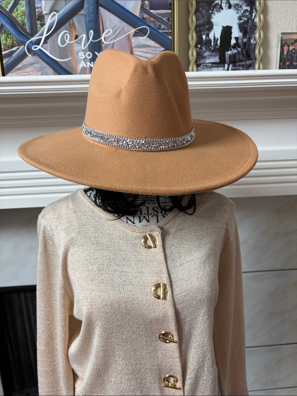 Women's Tan Wide-Brim Fedora with Rhinestone Band